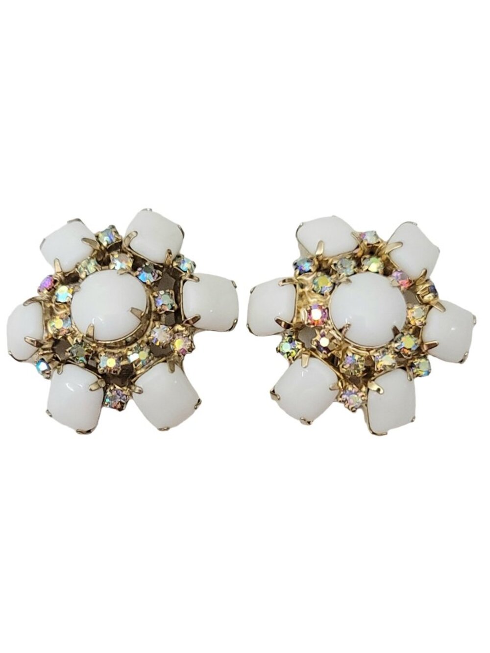 Gold Tone White Milk Glass AB Rhinestone Round Cluster Clip On Earrings